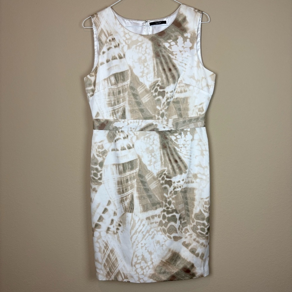 Tahari Satin Abstract Ivory/Brown Animal Print Sheath Sleeveless Lined Dress